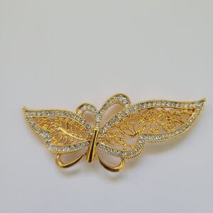 Butterfly Brooch Pin Gold Tone Filigree Rhinestones Statement Jewelry